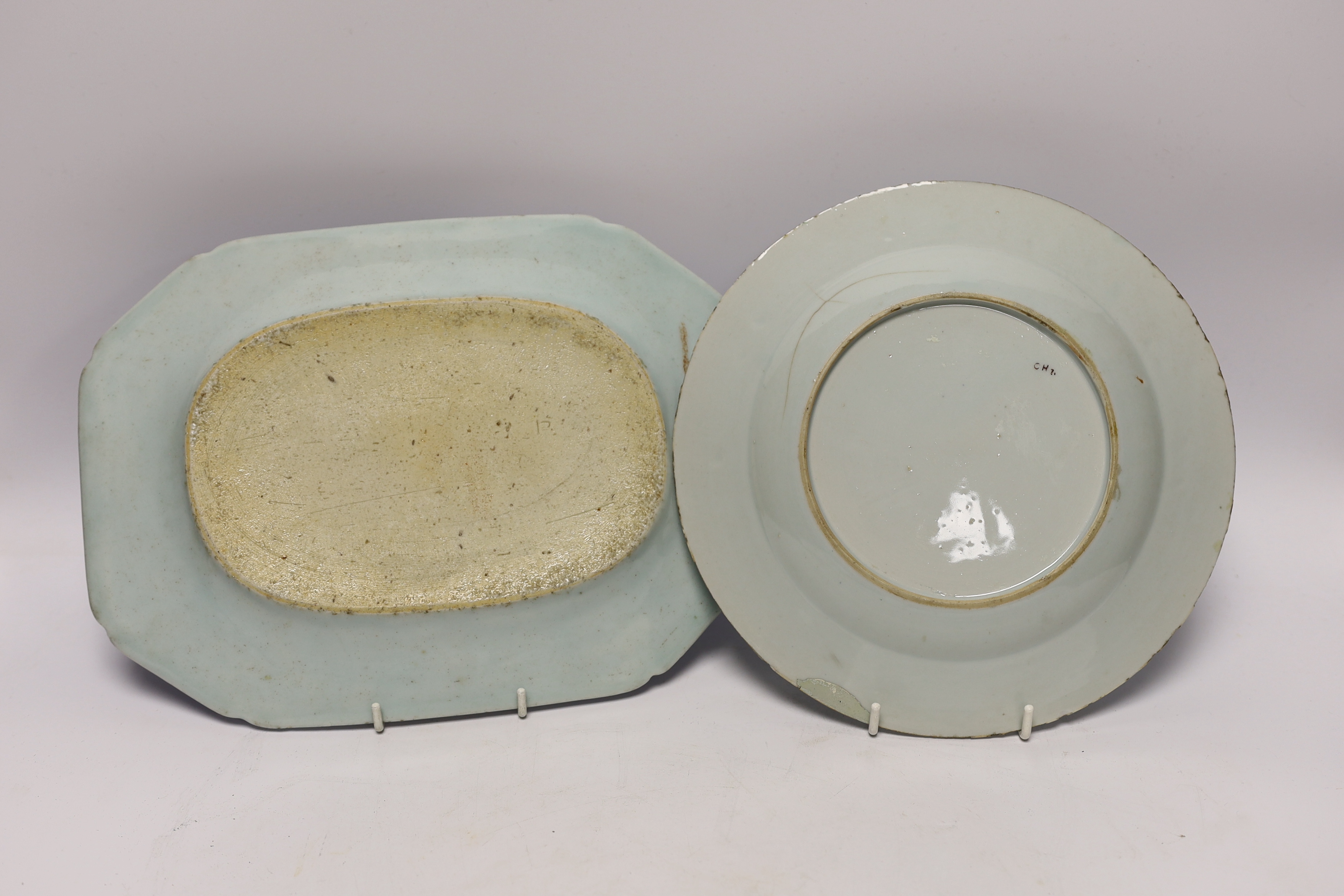 An 18th/19th century Chinese teapot, cup, dish, platter, jar and a cloisonne box, platter 28.5cm wide